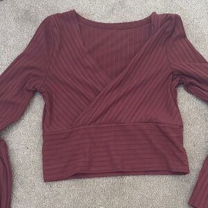 SHEIN Red Ribbed Wrap Crop Blouse Long Sleeve
